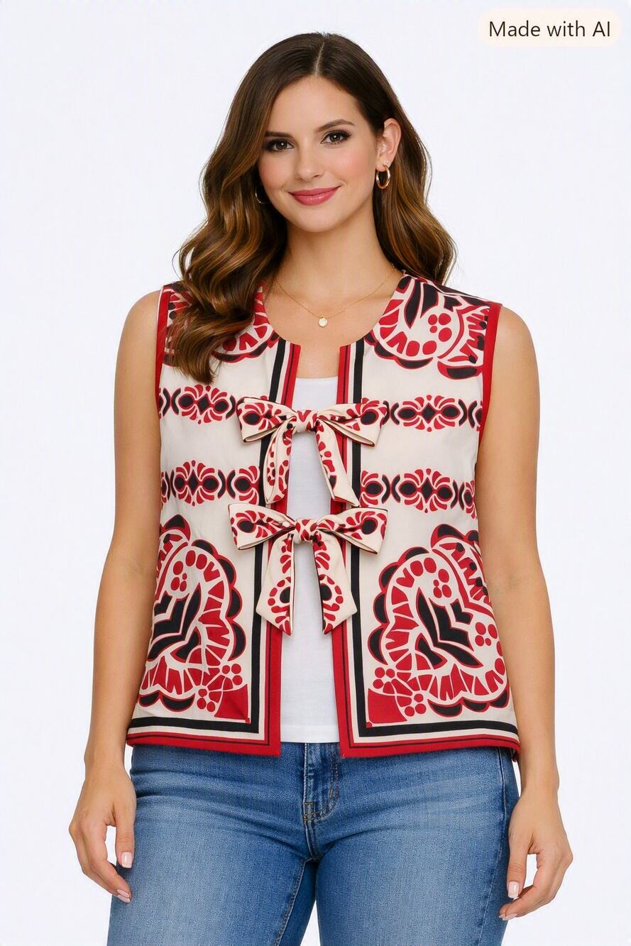 Bucket List Front‑Tie Vest – Size Large | Cream/Red | 100% Polyester | MSRP $58